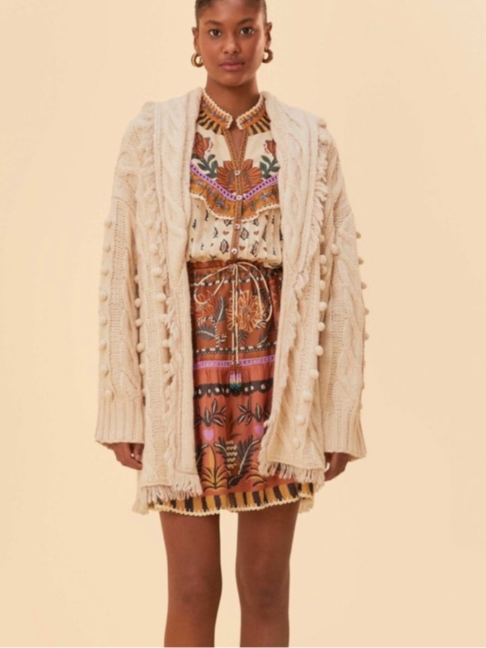 Farm Rio Khaki cream Braided Knit wrap Cardigan rope belt fall vibes sz small S - Picture 2 of 13